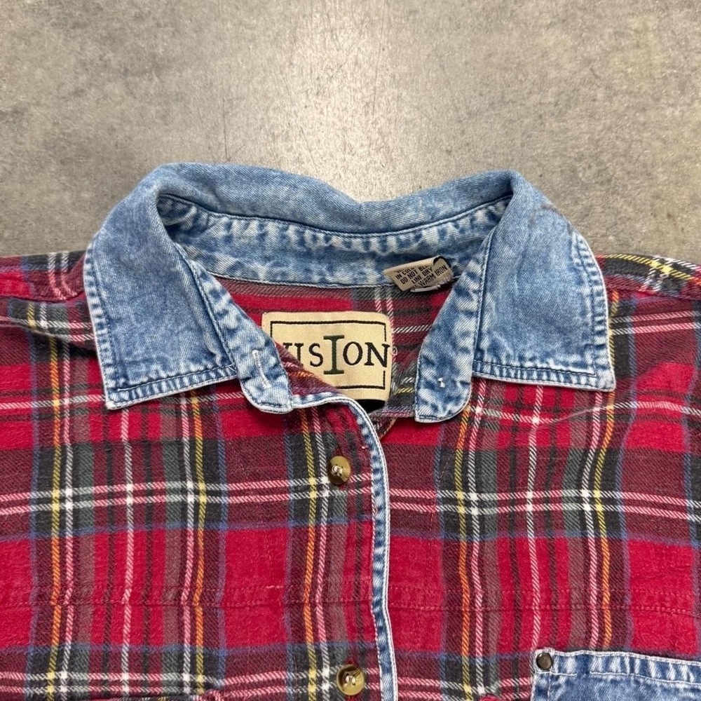 Vintage Woman's Plaid Flannel Button Up Collared Shirt Red Cotton Denim Accent S - Picture 3 of 8